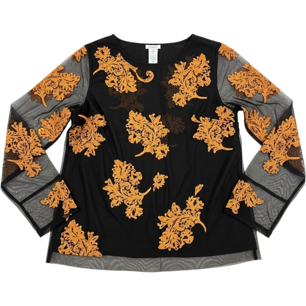 Sundance Black Mesh Blouse XS Burnt‎ Orange Embroidered Floral Sheer Sleeve